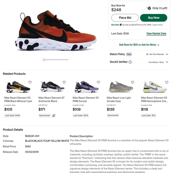 Nike React Element 55 PRM Sunrise 10.5W/9M - Picture 9 of 9